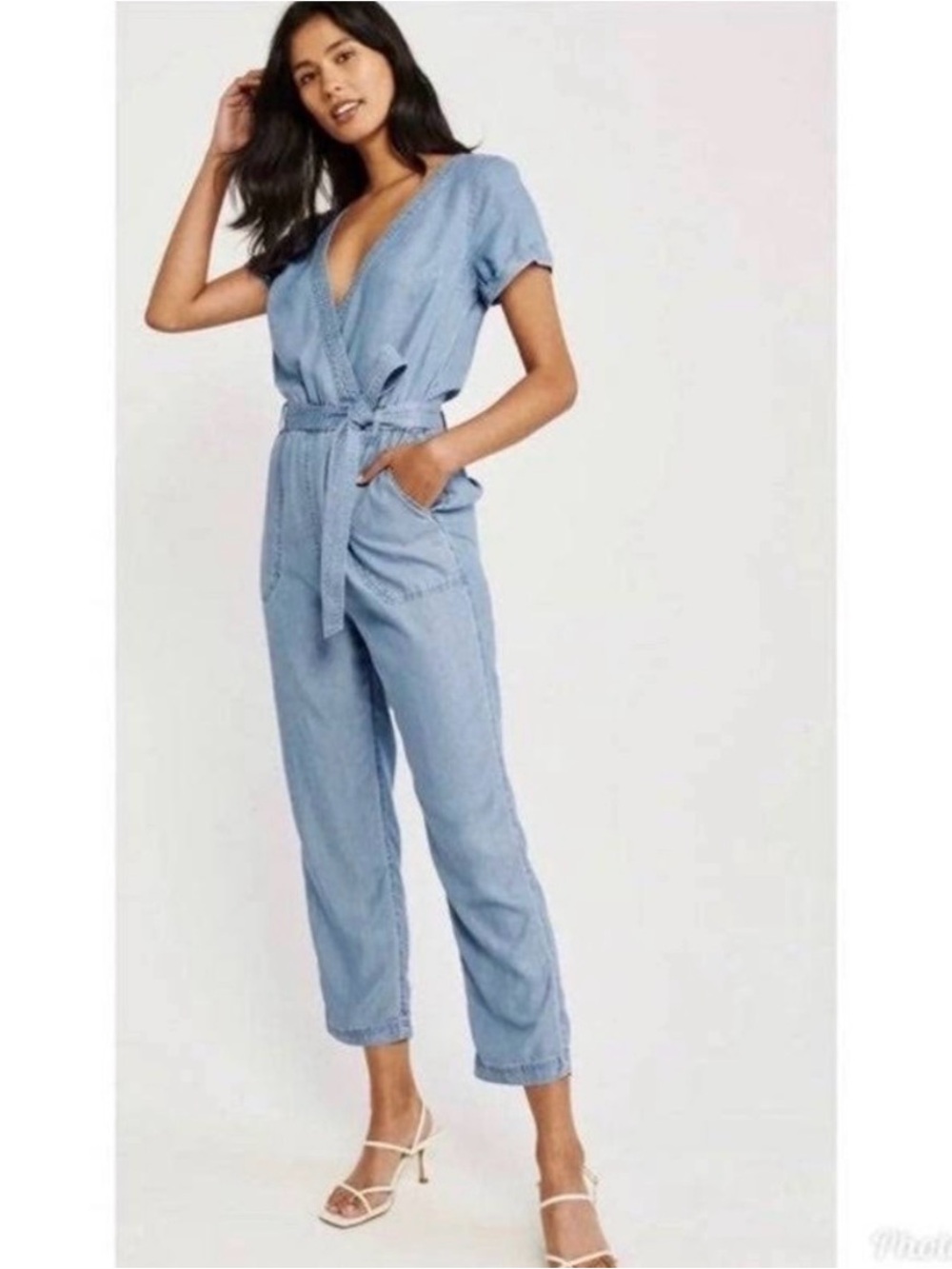 Abercrombie & Fitch Light Blue Denim Wrap Jumpsuit with Tie Waist